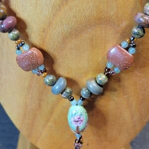 Handmade Gemstone Necklace Goldstone, Unakite, Picture Jasper, Aventurine 24"